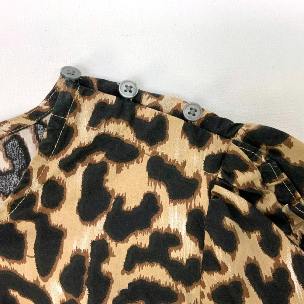 J. Crew Cotton Leopard Print Long Ruffle Trim Sleeves Blouse Sz S